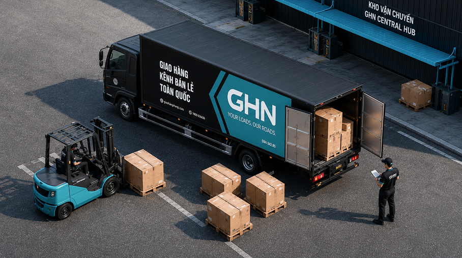 Xe GHN đang tiếp nhận hàng tại kho trung chuyển